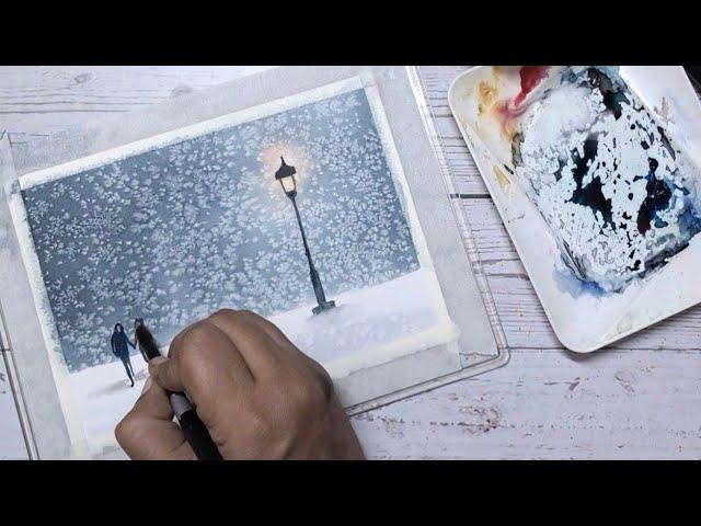 Watercolor winter landscape painting tutorial for beginners.