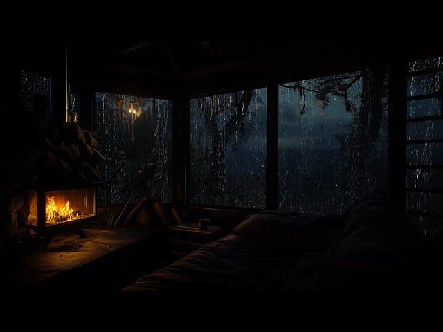 Cozy Cabin Room at Night | Rain and Fireplace Sounds for Relaxation