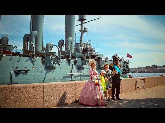  4K SAINT-PETERSBURG. A walk along Petrovskaya embankment. The cruiser Aurora.