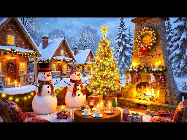 ️ Beautiful Snowy Christmas Ambience  Instrumental Christmas Background Music Crackling Fireplace