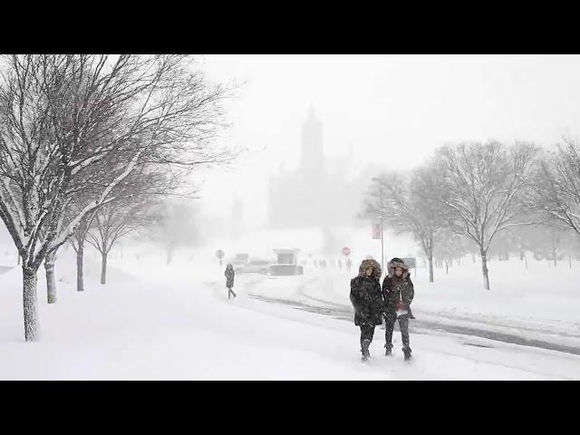 Syracuse University students return to snow-covered campus (January, 2016)