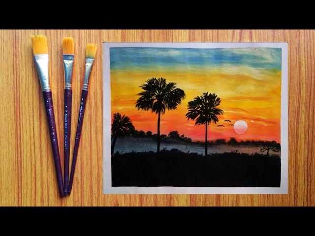 Sunrise painting for beginners || poster colour painting || palm ll