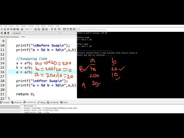 C program to Swap or Exchange two numbers using arithmetic operations multiplication and division