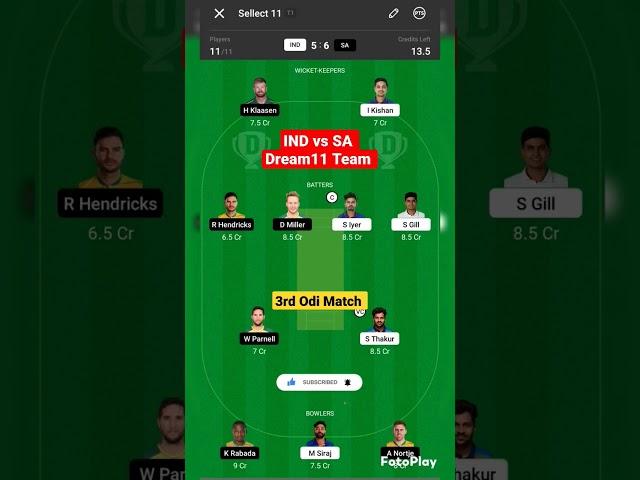 IND vs SA dream11 prediction ll ind vs sa dream11 team ll ind vs sa 3rd odi match