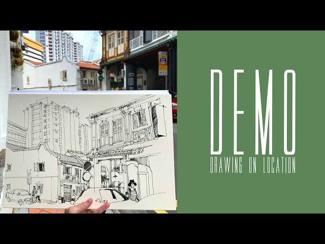 Demo: a line drawing of a streetscape, on location