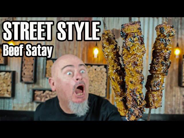 Street style charcoal grilled beef satay kebabs