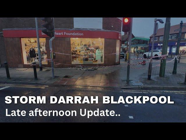 Storm Darragh Late Afternoon Update from Blackpool North West as Shops suffer Damage.