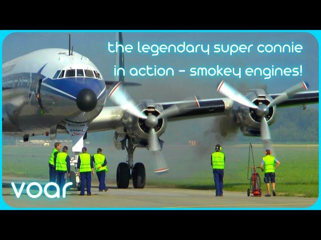 Super Constellation smokey engine startup and takeoff at Altenrhein