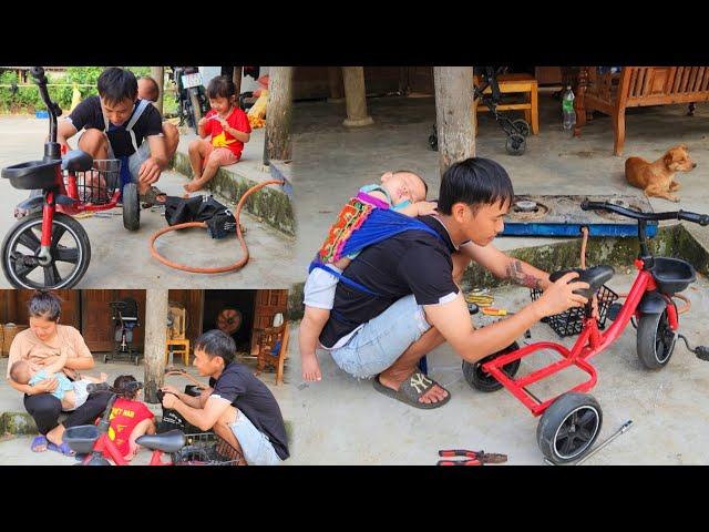 Single father, carrying child on his shoulders, repairing bicycles, gas stoves, making money