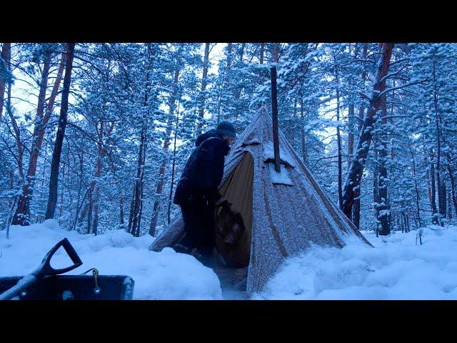 Winter Camping With a Hot Tent - Snowfall and Freezing Temperatures | ASMR