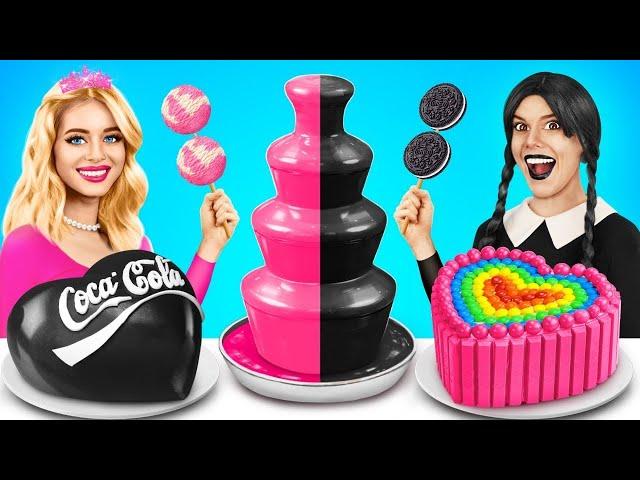 Wandinha Addams vs Barbie: Desafio Culinário | Desafio Alimentar Rosa vs Preto por YUMMY JELLY