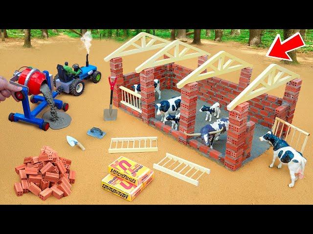 Cows fight over food - Diy mini 3 compartments Cow shed making with bricks & wood science project