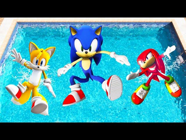 GTA 5 Sonic, Tails & Knuckles Jumping Into Pool (Euphoria Physics/Ragdolls)