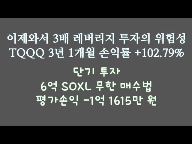 이제와서 3배 레버리지 투자의 위험성 TQQQ 3년 1개월 손익률 102.79% / 6억 SOXL무한 매수법 평가손익 -1억 1615만 원