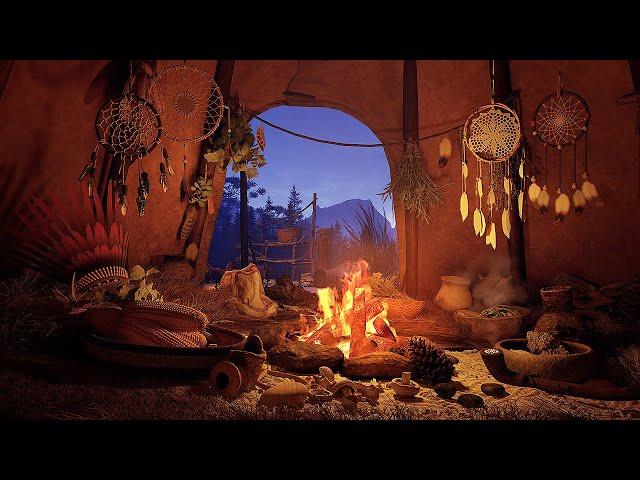 Cozy Native American Tent 🪶 Wooden Wind Chimes, Crackling Fire & Wind Sounds | Immersive Experience