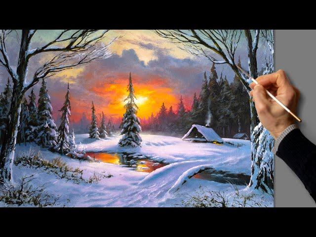 Acrylic Landscape Painting - Winter Dawn / Easy Art / Зимний пейзаж акрилом. Урок рисования Живопись