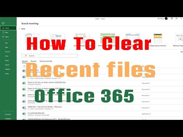 How to clear recent files in excel 365