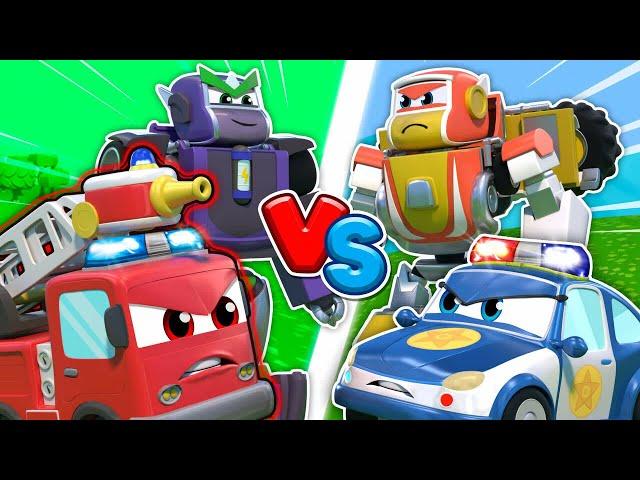 Fire Truck Evil Twin vs Police Robot: Rescue Battle Fire Safety for Kids | Robofuse