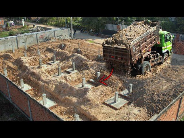 Start incredible PROJECT! Power machinery, dump trucks & dozer fill-up dirt on concrete foundation