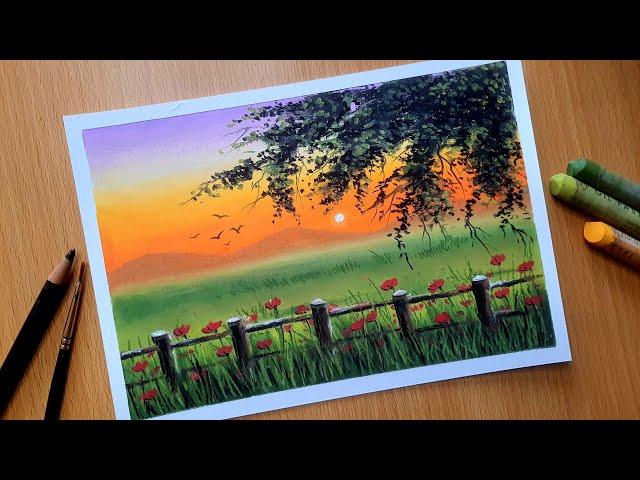 Oil Pastel Easy Nature Drawing for Beginners / SPRING FLOWERFIELD / Oil Pastel Scenery Drawing