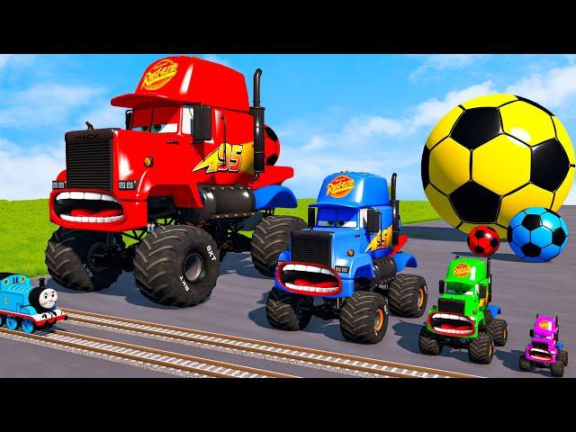 4 MONSTER TRUCKS vs Big & Small Long Mack Truck with Ball vs Train Thomas - BeamNG.Drive