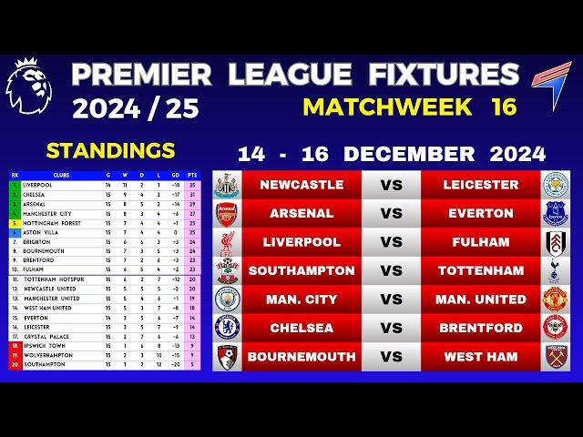 EPL FIXTURES TODAY - Matchweek 16 • EPL Table Standings Today • Premier League Fixtures 24/25