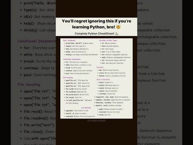 " Python Cheat Sheet | Master All Functions Instantly  #Shorts#python"