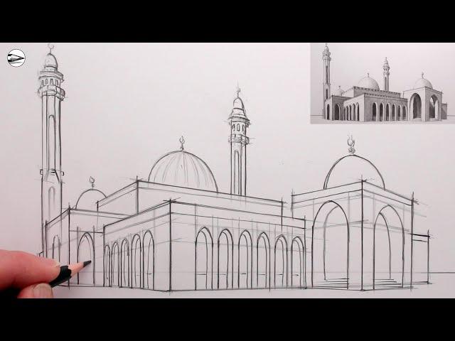 How to Draw a Mosque: Realistic Pencil Drawing Step-by-Step