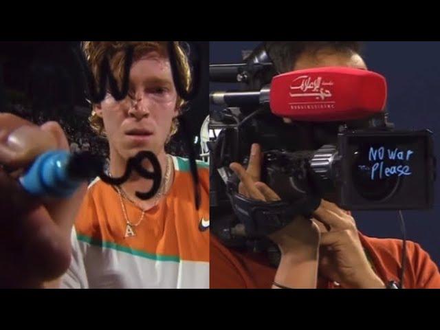 Russian Tennis Player, Andrey Rublev, writes “No War Please” on Camera