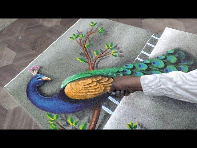 Easy 3D Rangoli For Beautiful Peacock. सुंदर मोर के लिये आसान 3 डी रंगोली 