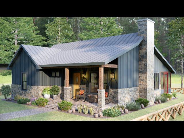 36'x29' (11x9m) The Perfect One-Story Cabin House - 2 Bedroom - Small House Plans Under 1000 sq ft