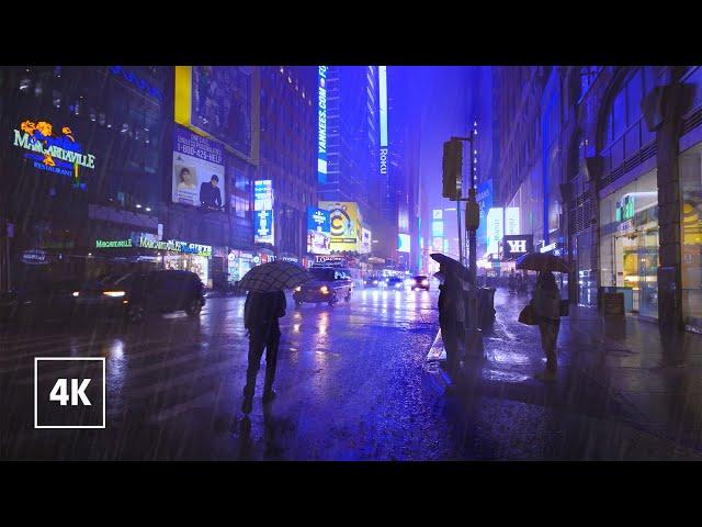 Lonely Night Walk in Heavy Rain in NEW YORK ️ Umbrella Thunderstorm Sounds For Sleeping