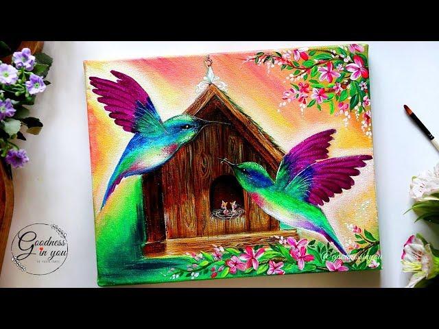 Step by Step Hummingbird  with a Bird House  Painting tutorial for Beginners