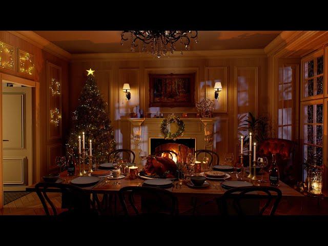 Cozy Thanksgiving Dinner With Friends And Family | Blizzard, Party and fireplace Sounds | 4K