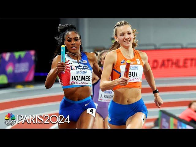 Femke Bol vs. Alexis Holmes anchor leg duel decides tight 4x400 final at Indoor Worlds | NBC Sports