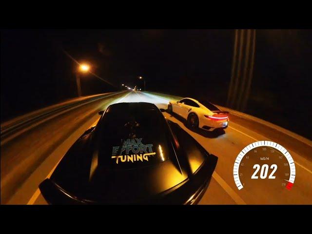 200+ MPH Street Race! 2022 Porsche 911 Turbo S Bolt Ons MS109 vs Pritty Performance C7 Corvette Z06