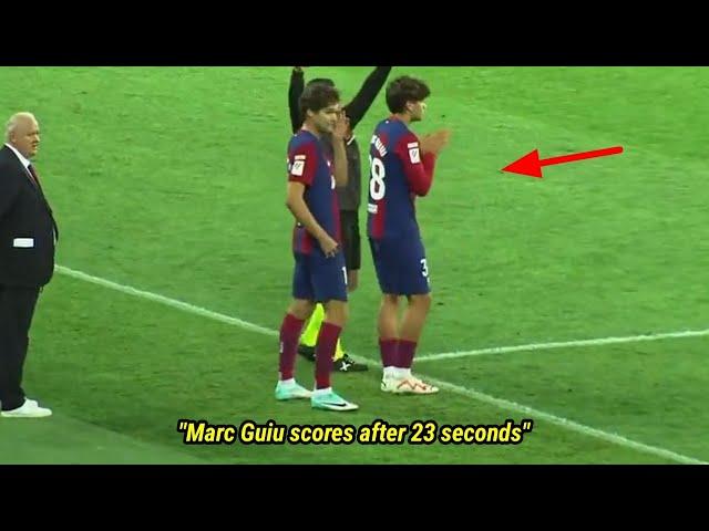 The moment Marc Guiu subs on for his Barcelona debut and scores seconds later 