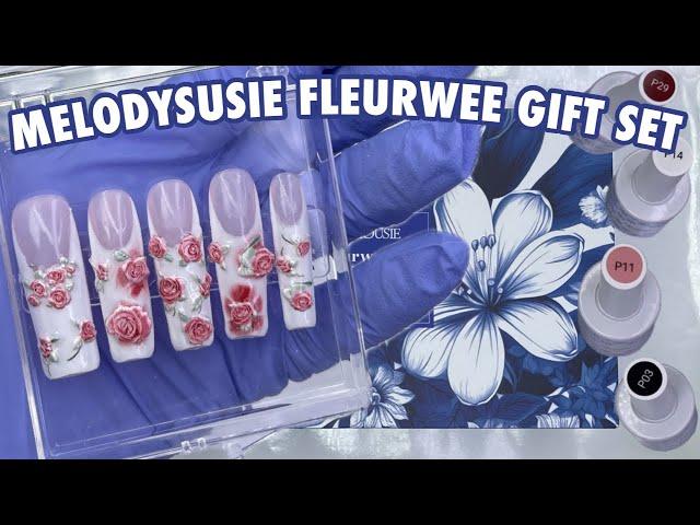 MELODYSUSIE FLEURWEE Gel Gift Set Unboxing & Swatching | Textured Flower French Tip Press on Nails