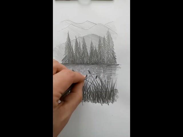 Dibujar paisaje en un minuto. Ejercicio con un lápiz 8B