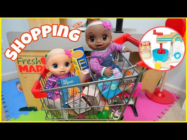 Baby Alive baby doll Twins go grocery shopping and toy cake mixer