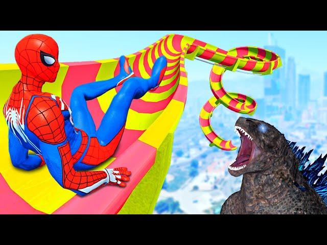 SpiderMan VS Godzilla - Funny Water Slides in GTA 5