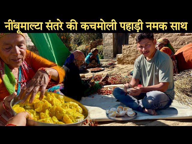 नींबू माल्टा संतरे की कचमोलीखटाई पहाड़ी नमक के साथ, uttarakhand village food, indian pahadi village