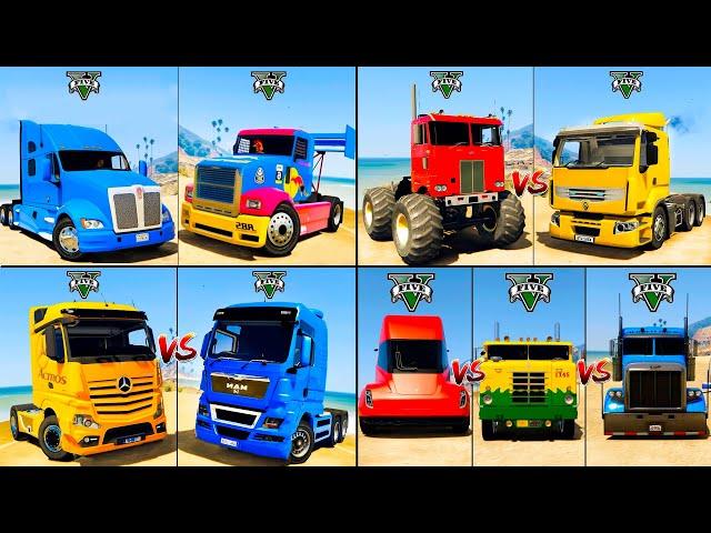 Monster Truck vs Tesla Truck vs Big Wheels Truck vs Fire Truck - GTA 5 Trucks Which is Best?