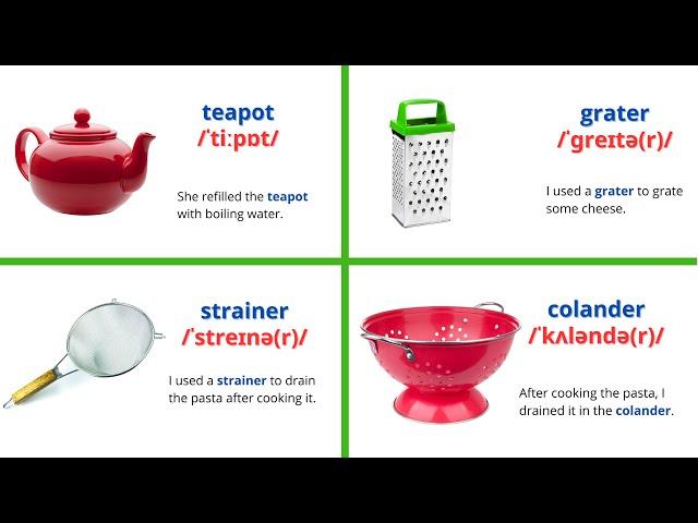 Learn English Kitchen Vocabulary with Pictures, Pronunciation,  Phonetics Transcription & Sentences