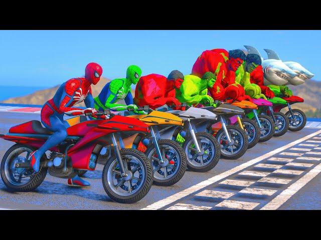 GREEN TEAM VS RED TEAM (SPIDER MAN, HULK, SHARKHULK) Challenge Motorbike Jump over the City #1032