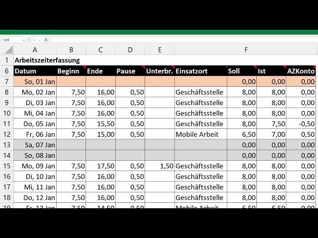 Excel automatische Arbeitszeiterfassung erstellen - Vorlage Zeiterfassung mit Überstunden, Feiertage