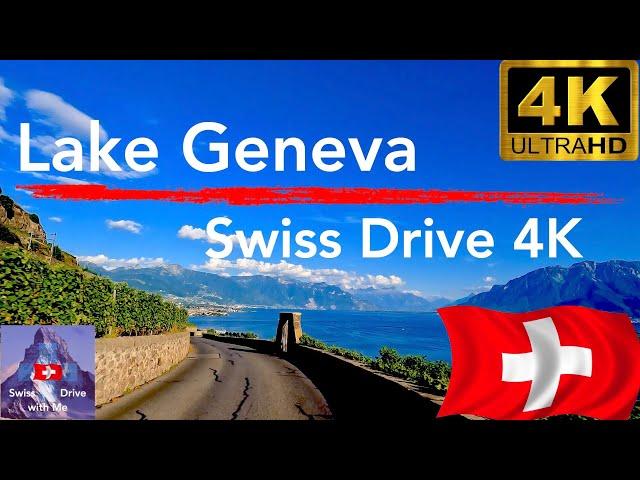 Driving in Switzerland, scenic lake Geneva from Lausanne towards Montreux in 4k