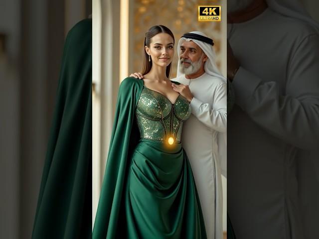 Close-Up: Futuristic Humanoid Robot in Emerald Tech Gown Presented by Elderly Emirati