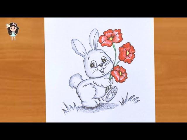 Cute Bunny with flowers drawing | Scenery drawing | Pencil sketch | Rabbit drawing