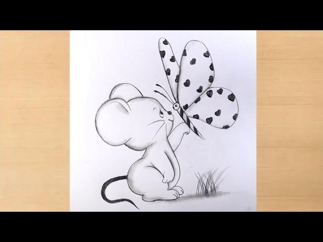 Little Mouse with big Butterfly pencildrawing || Butterflydrawing